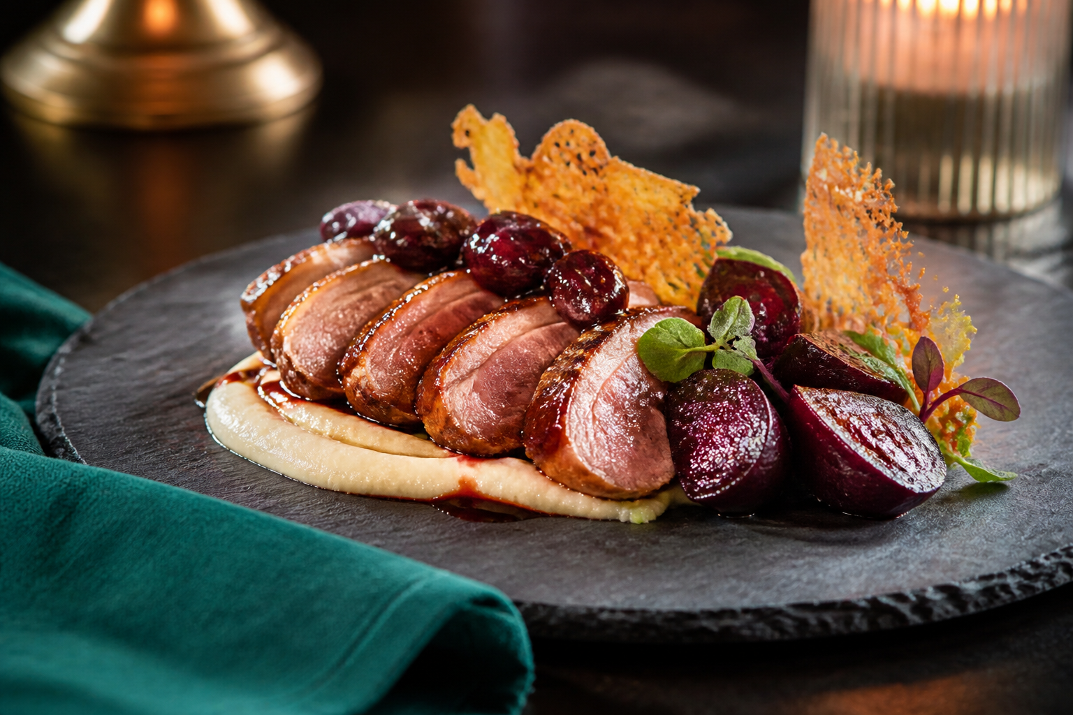 Roasted duck breast with beetroot and smoked apple