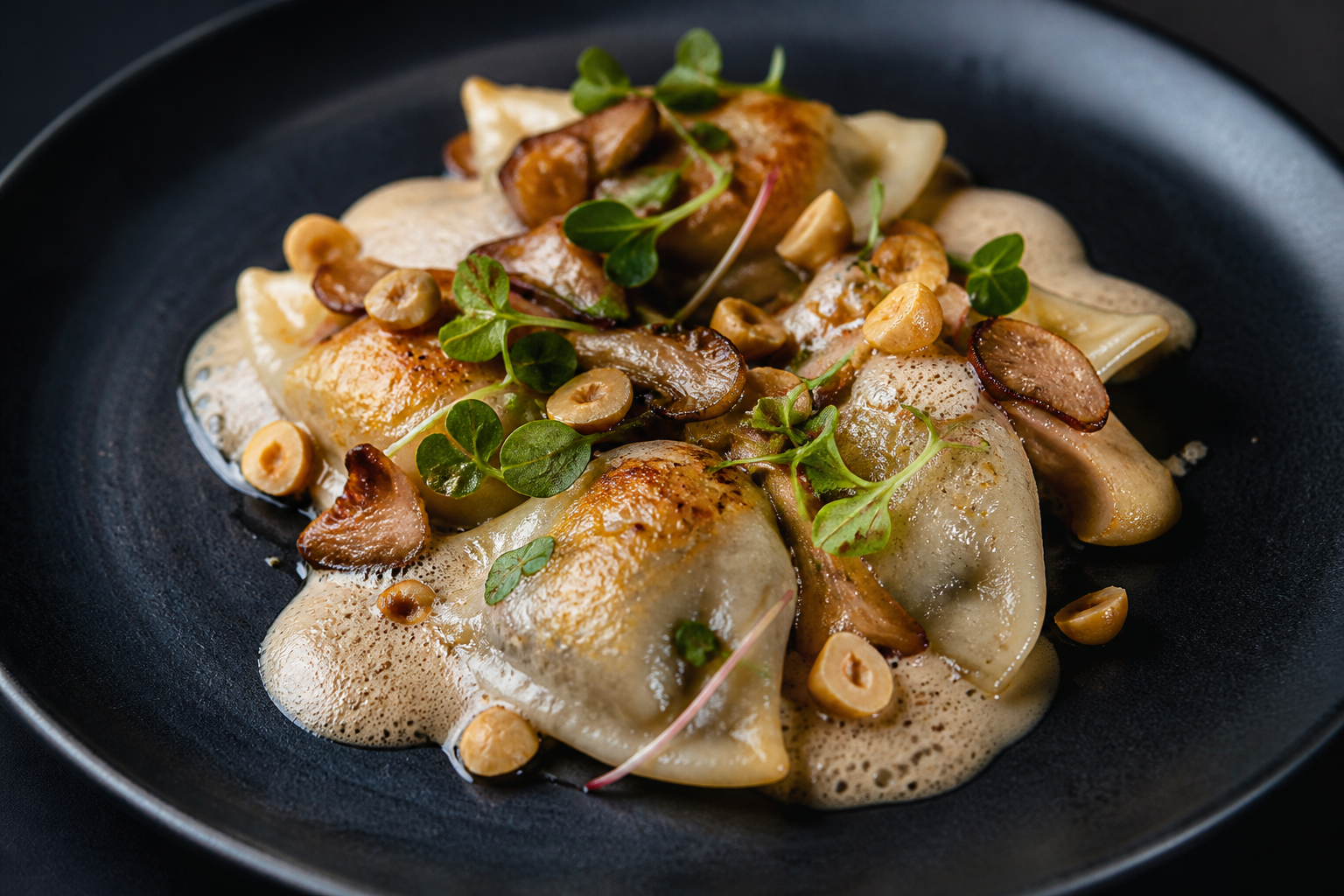 Gourmet wild mushroom pierogi with microgreens