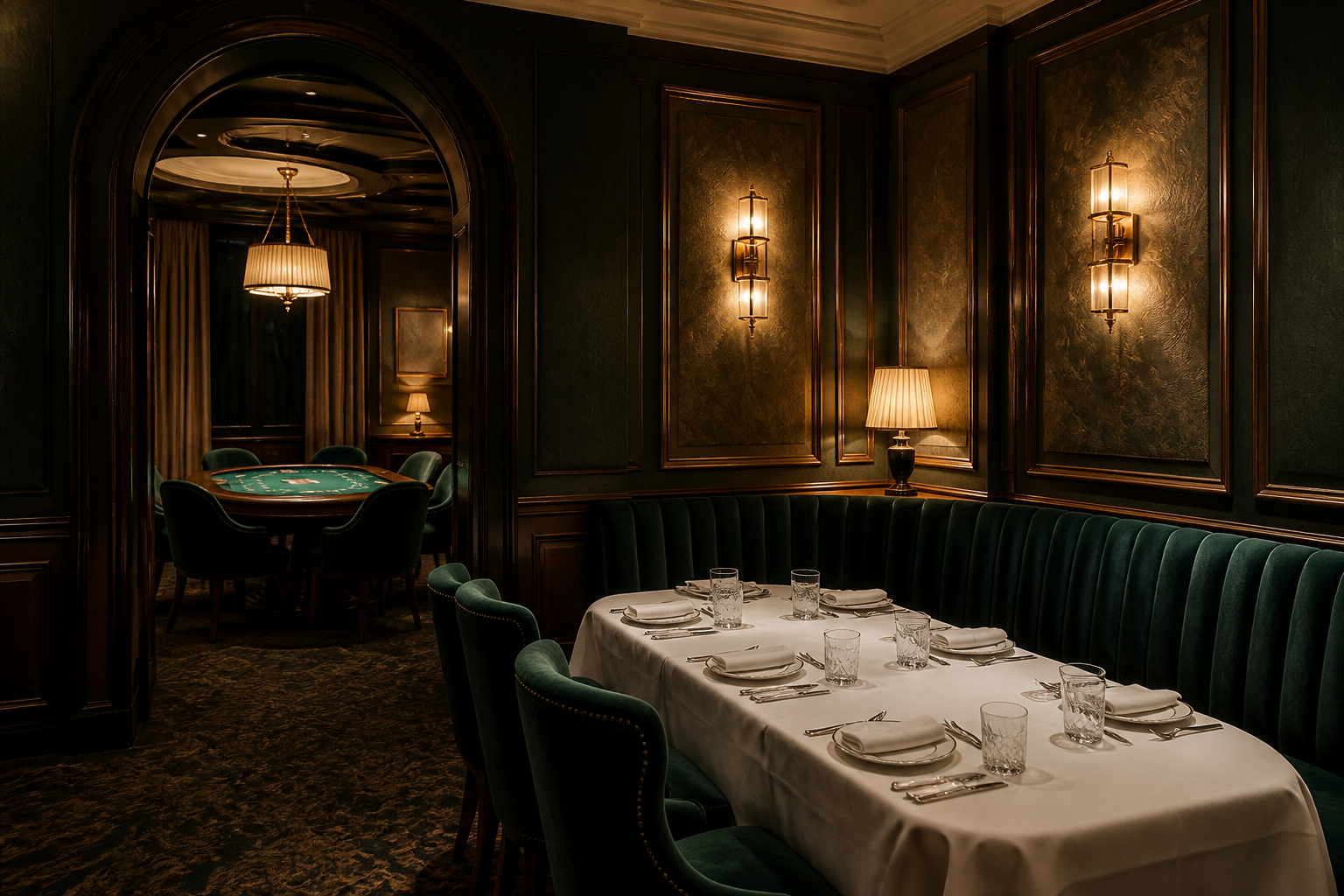 Private dining alcove opening toward a table game salon